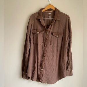 SO brown oversized waffle knit button down long sleeve shirt XXL